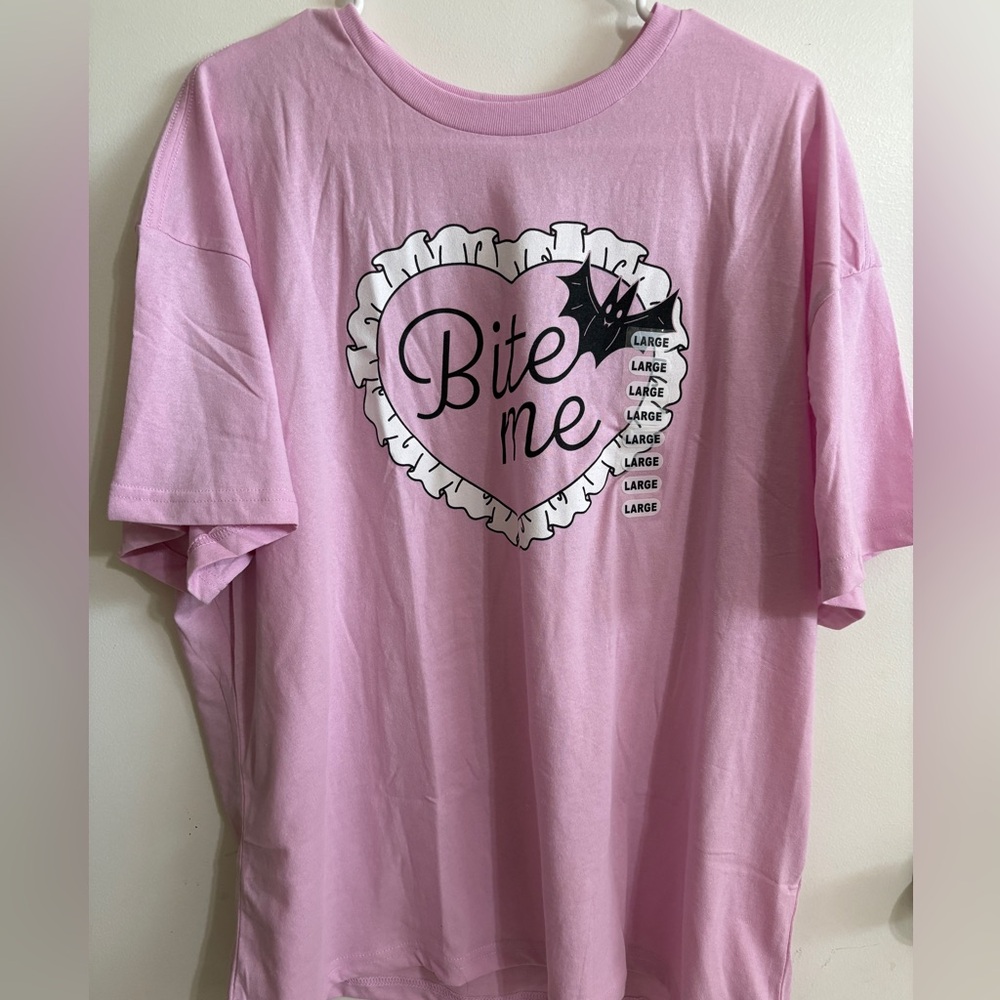 Woman’s Large Pink Bite Me Bat Shirt shirt NEW WITH TAGS